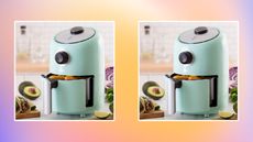 Teal Dash 2-quart air fryer image repeated on bright gradient background