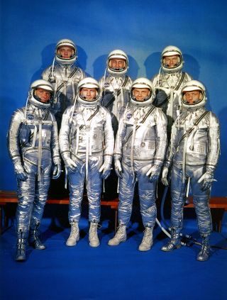 NASA's original Mercury astronauts in B.F. Goodrich silvery spacesuits. From the left: Wally Schirra, Alan Shepard, Deke Slayton, Gus Grissom, John Glenn, Gordon Cooper and Scott Carpenter.
