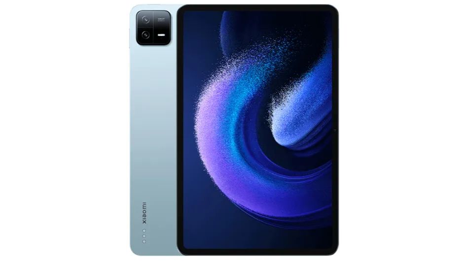 An image of the Xiaomi Pad 6 in light blue, on a white background