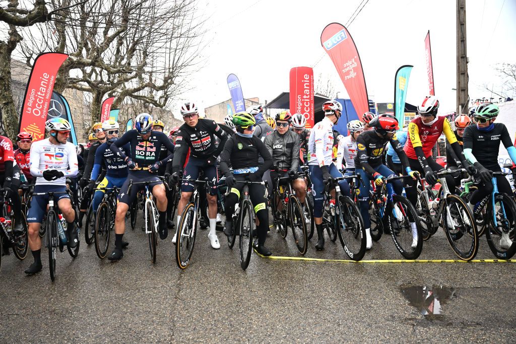 BESSEGES FRANCE FEBRUARY 07 LR Sandy Dujardin of France and Team TotalEnergie Jordi Meeus of Belgium and Team Red Bull BORA hansgrohe Yellow Points Jerse Paul Magnier of France and Team Soudal QuickStep Orange Leader Jersey Axandre Van Petegem of Belgium and Team Wagner Bazin WB Blue Mountain Jersey and Arnaud De Lie of Belgium and Team Lotto White Best Young Rider Jersey prior to the 55th Etoile de Besseges Tour du Gard 2025 Stage 3 a 16405km stage from Besseges to Besseges on February 07 2025 in Besseges France Photo by Billy CeustersGetty Images
