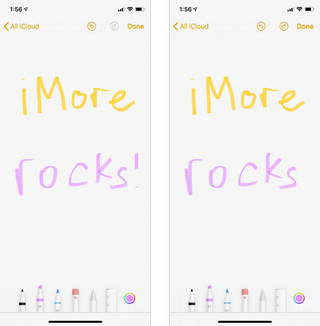 How to use the sketch pad for Notes on iPhone and iPad by showing: The sketching tools, undo and redo buttons