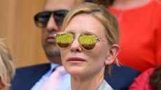 Cate Blanchett at Wimbledon 2025 blue and white distorted stripe