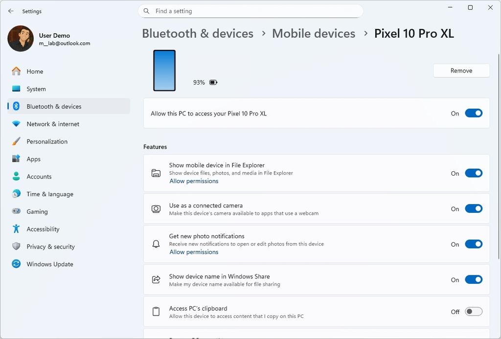Mobile devices settings integration