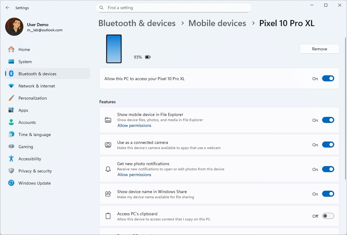 Mobile devices settings integration