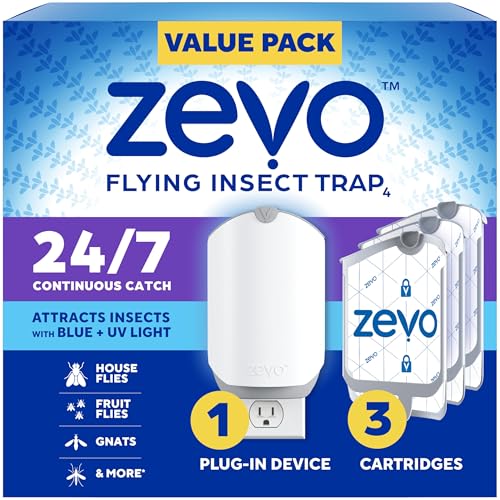 Zevo Flying Insect Trap & 3 Cartridges - Plug in Fly Trap & Indoor Bug Catcher for Gnats, House & Fruit Flies - Mess-Free - Use in Any Room - Uses Blue & Uv Light (1 Plug in Device & 3 Cartridges)