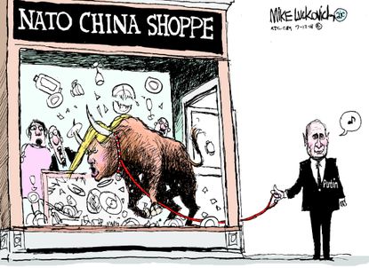 Political Cartoon U.S. Trump NATO summit Putin bull in china shop