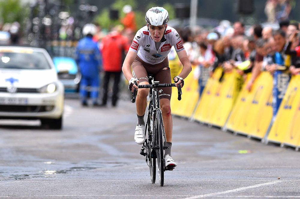 Romain Bardet's ripped shorts reveal his crash.
