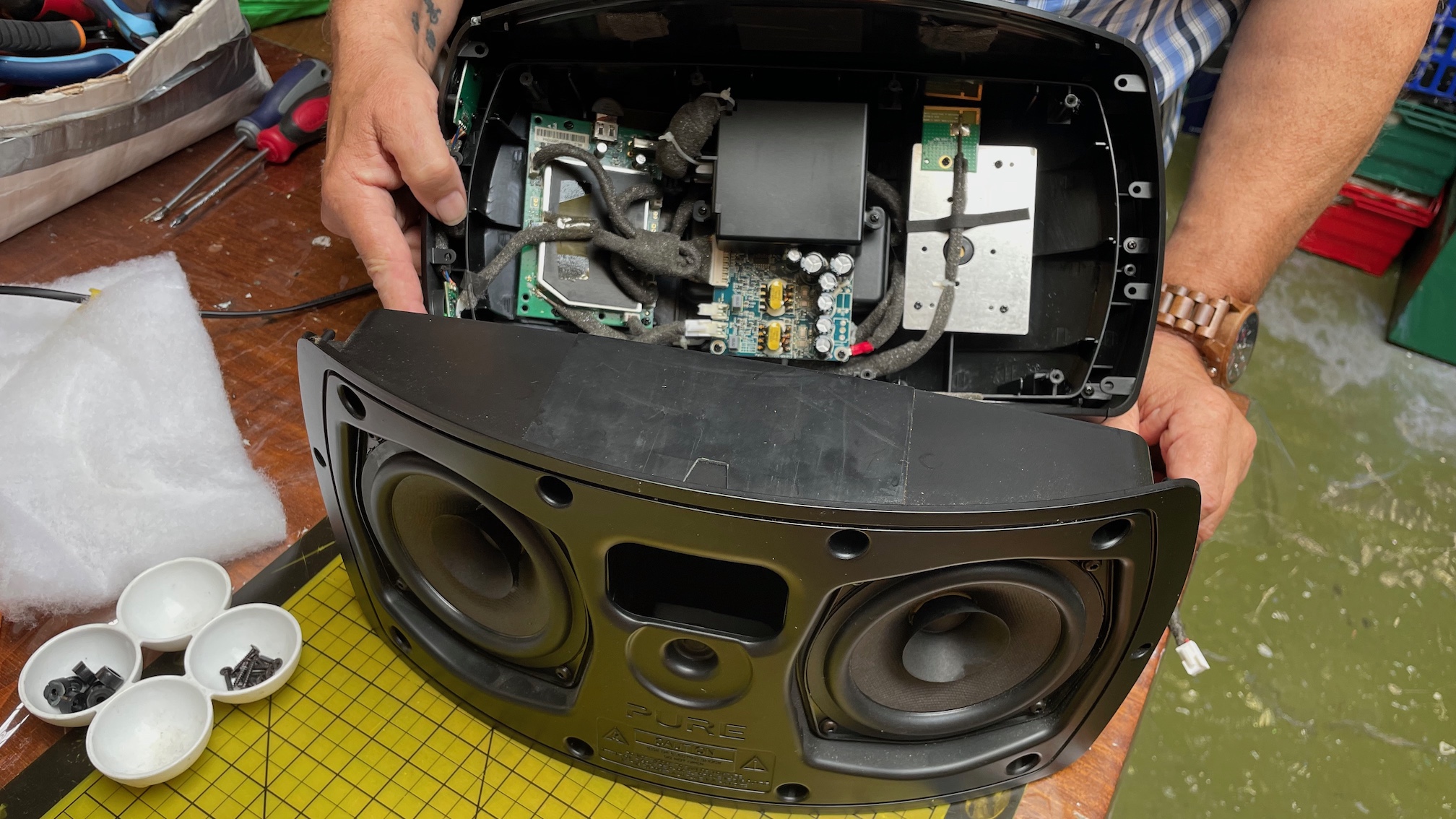 A Pure Jongo T6X speaker being taken apart.