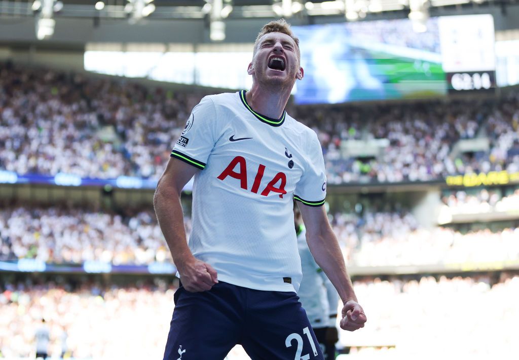 Tottenham star Dejan Kulusevski celebrates scoring their side&#039;s fourth goal during the Premier League match between Tottenham Hotspur and Southampton FC at Tottenham Hotspur Stadium on August 06, 2022 in London, England.