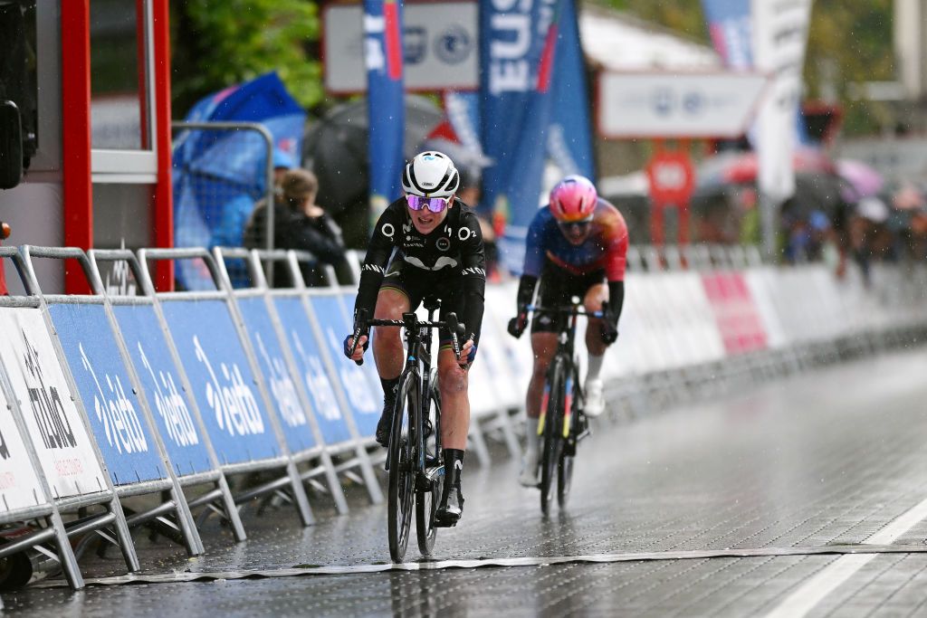 MARKINA SPAIN MAY 12 Annemiek Van Vleuten of The Netherlands and Movistar Team crosses the finish line during the 2nd Itzulia Women 2023 Stage 1 a 1222km stage from Etxebarria to MarkinaXemein UCIWWT on May 12 2023 in Markina Spain Photo by Dario BelingheriGetty Images