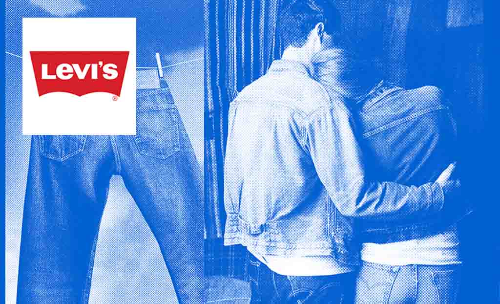 Levis logo placed over a blue half tone collage of pants and two people hugging