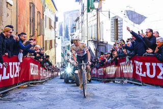 Slovenian Tadej Pogacar of UAE Team Emirates pictured in action during the men's elite race of the 'Strade Bianche' one day cycling race (215km) from and to Siena, Italy, Saturday 02 March 2024. BELGA PHOTO BERT GOYVAERTS (Photo by BERT GOYVAERTS / BELGA MAG / Belga via AFP)