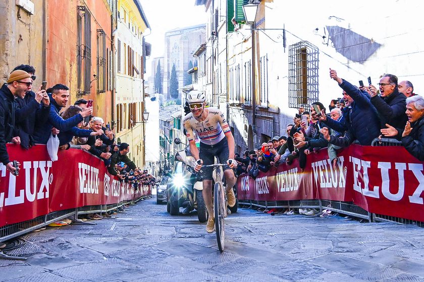 Slovenian Tadej Pogacar of UAE Team Emirates pictured in action during the men&#039;s elite race of the &#039;Strade Bianche&#039; one day cycling race (215km) from and to Siena, Italy, Saturday 02 March 2024. BELGA PHOTO BERT GOYVAERTS (Photo by BERT GOYVAERTS / BELGA MAG / Belga via AFP)