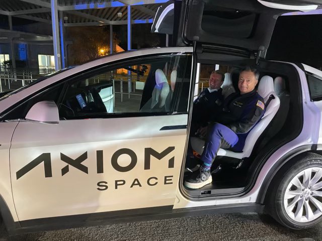 Former NASA astronaut Michael López-Alegría shared this photo of himself in an Axiom Space-labeled vehicle early in the morning on April 6, 2022. He and the Ax-1 crew were up early for a dry dress rehearsal at the paunch pad.