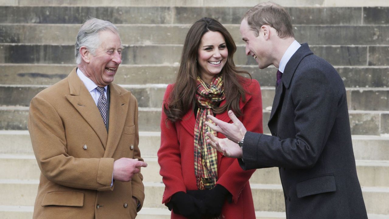 The now King Charles laughs with the Prince and Princess of Wales during a visit to Scotland