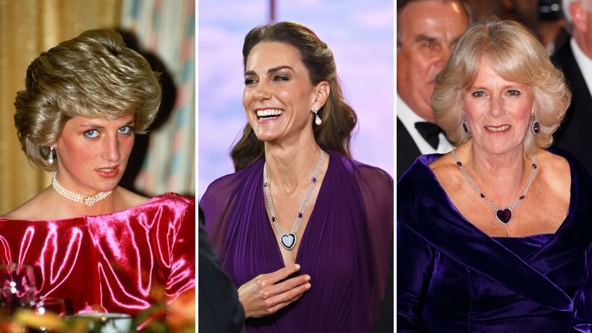Composite of three pictures - with Kate Middleton in the centre and Princess Diana wearing the same earrings and Queen Camilla wearing the same necklace, years apart