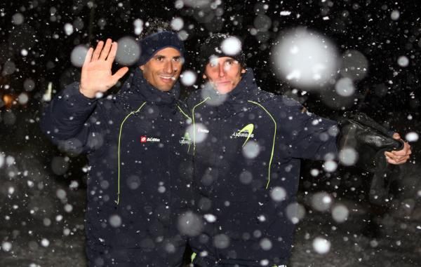 Daniele Bennati and Roman Kreuziger enjoying the evening snowfall