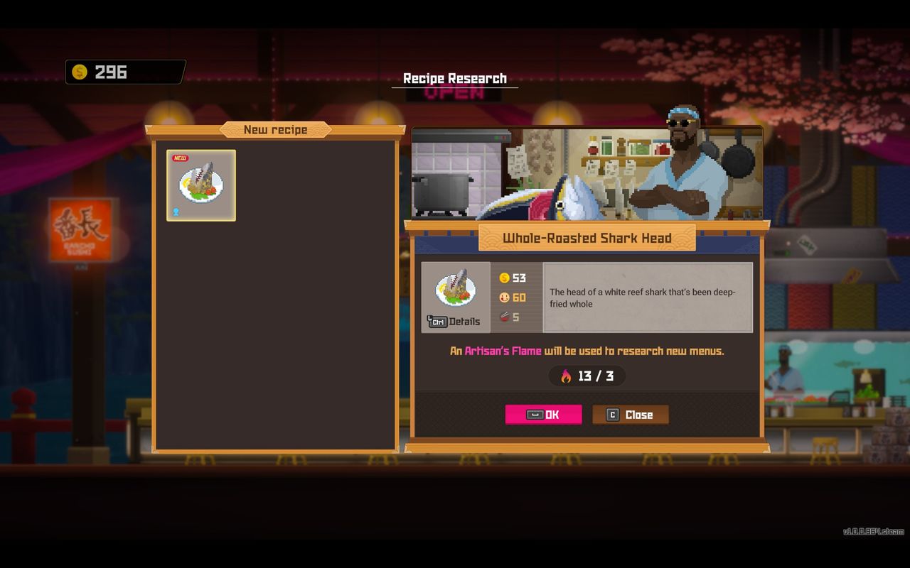 The menu screen depicting a shark head dish