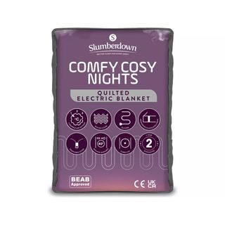 The Slumberdown Cosy Nights Quilted Electric Blanket in purple packaging