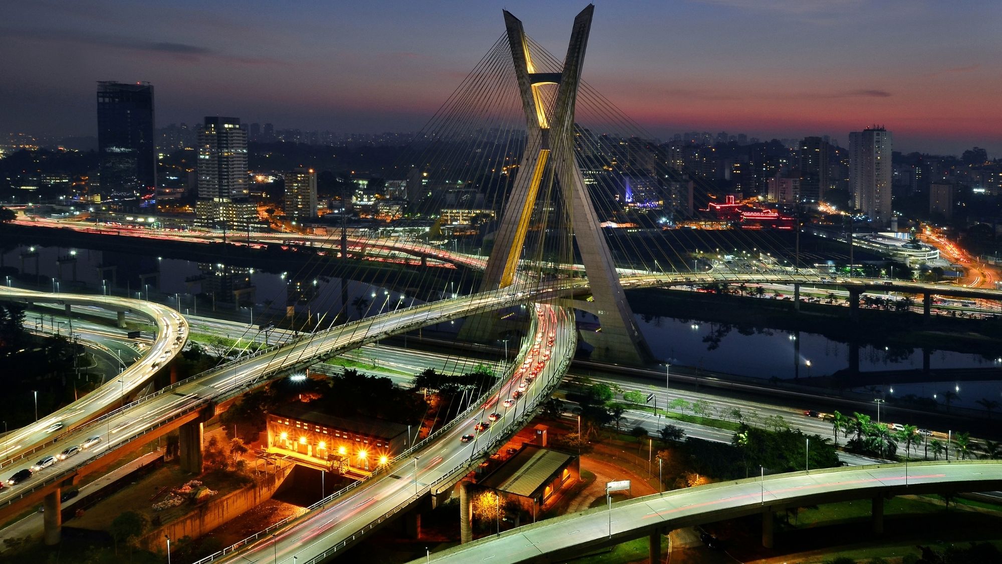 Octavio Frias de Oliveira Bridge at dusk - Sao Paulo, Brazil