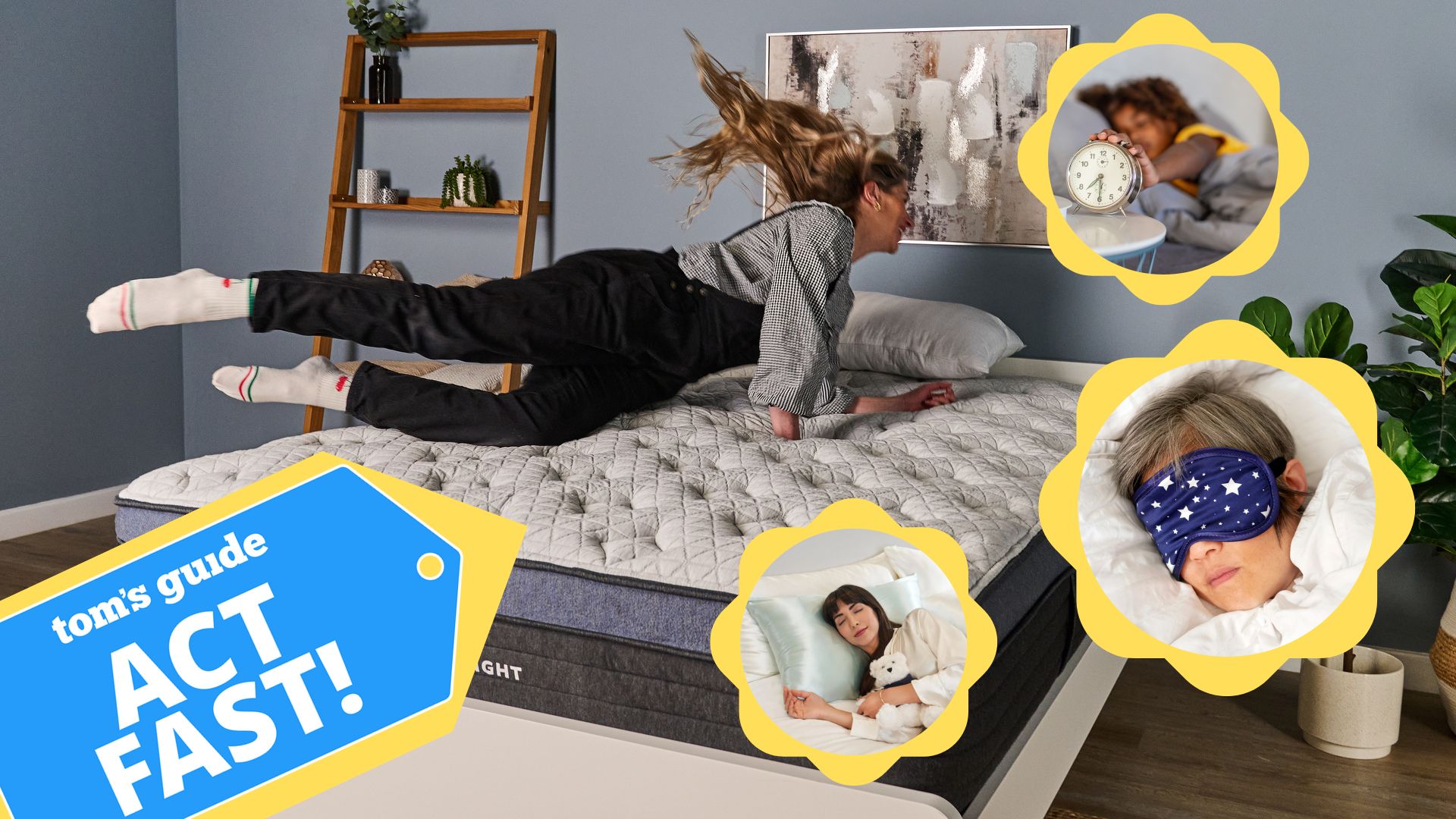 The Tom&#039;s Guide Sleep Editor jumping onto a mattress that&#039;s on sale for Labor Day