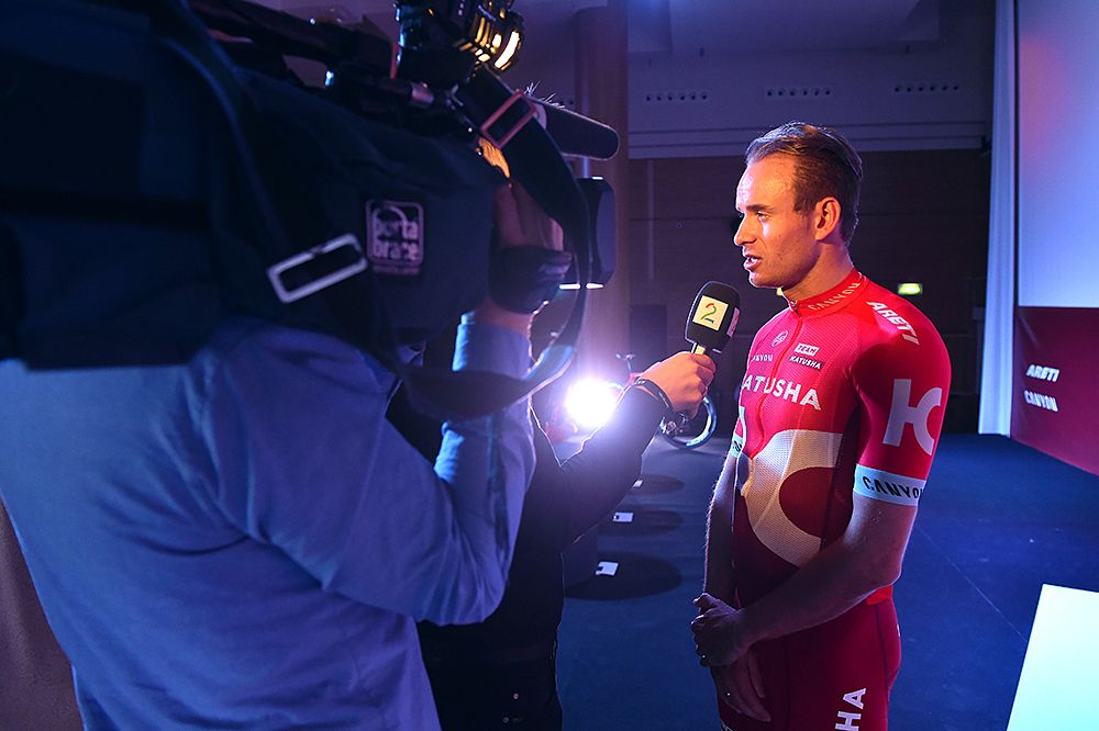 Alexandre Kristoff being interviewed at the Katusha team presentation for 2016