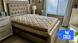 The Saatva Solaire Adjustable Mattress in a bedroom, with a Tom's Guide badge overlaid saying "PRICE DROP"