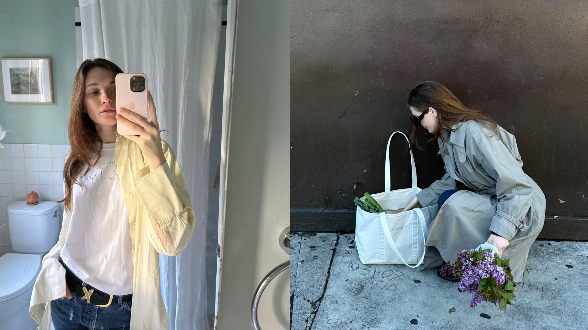 two photos of Grace O&rsquo;Neill Dougherty in a yellow shirt and placing flowers in a white bag