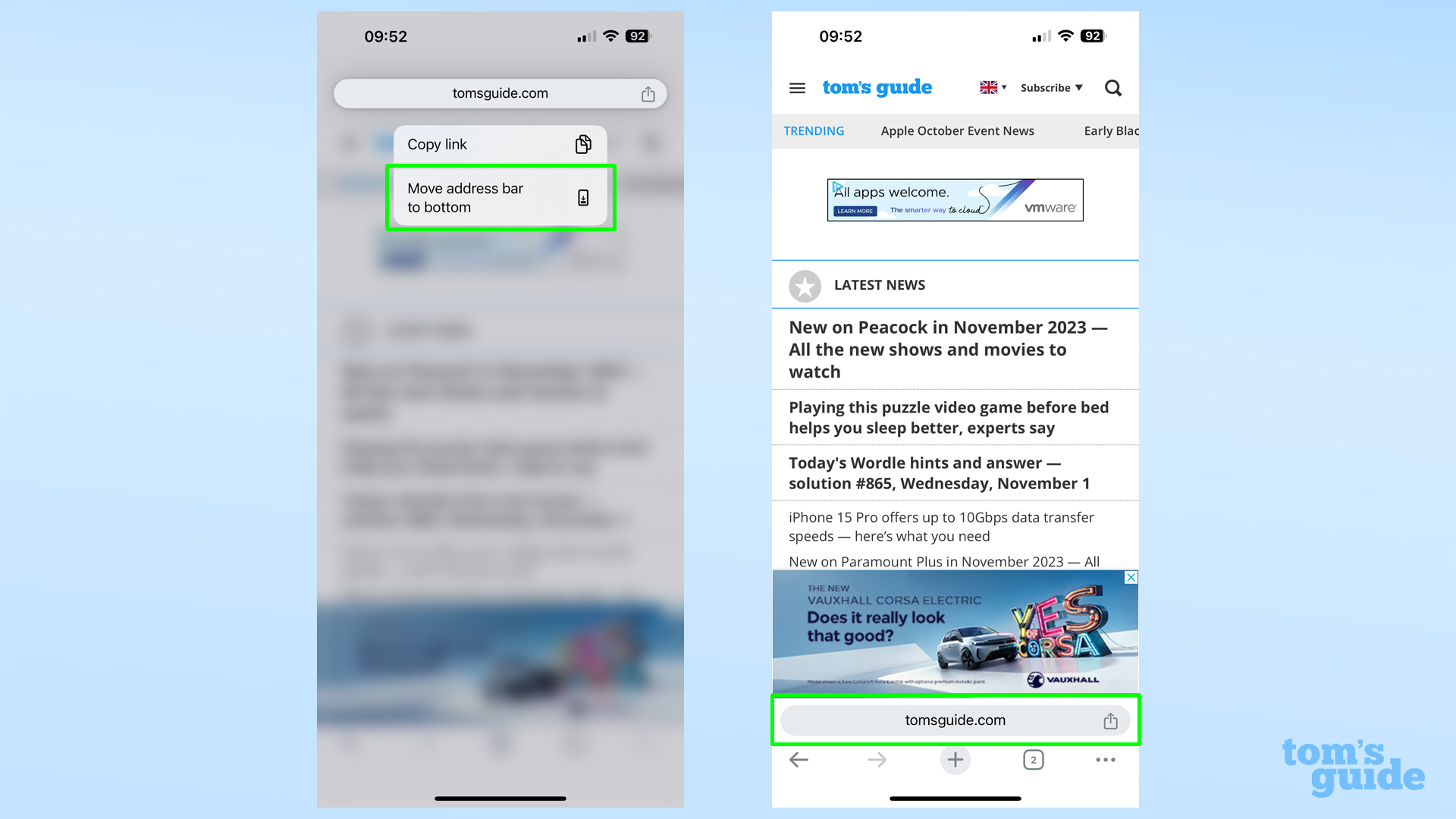 Снимки экрана, показывающие перемещение адресной строки Chrome в iOS