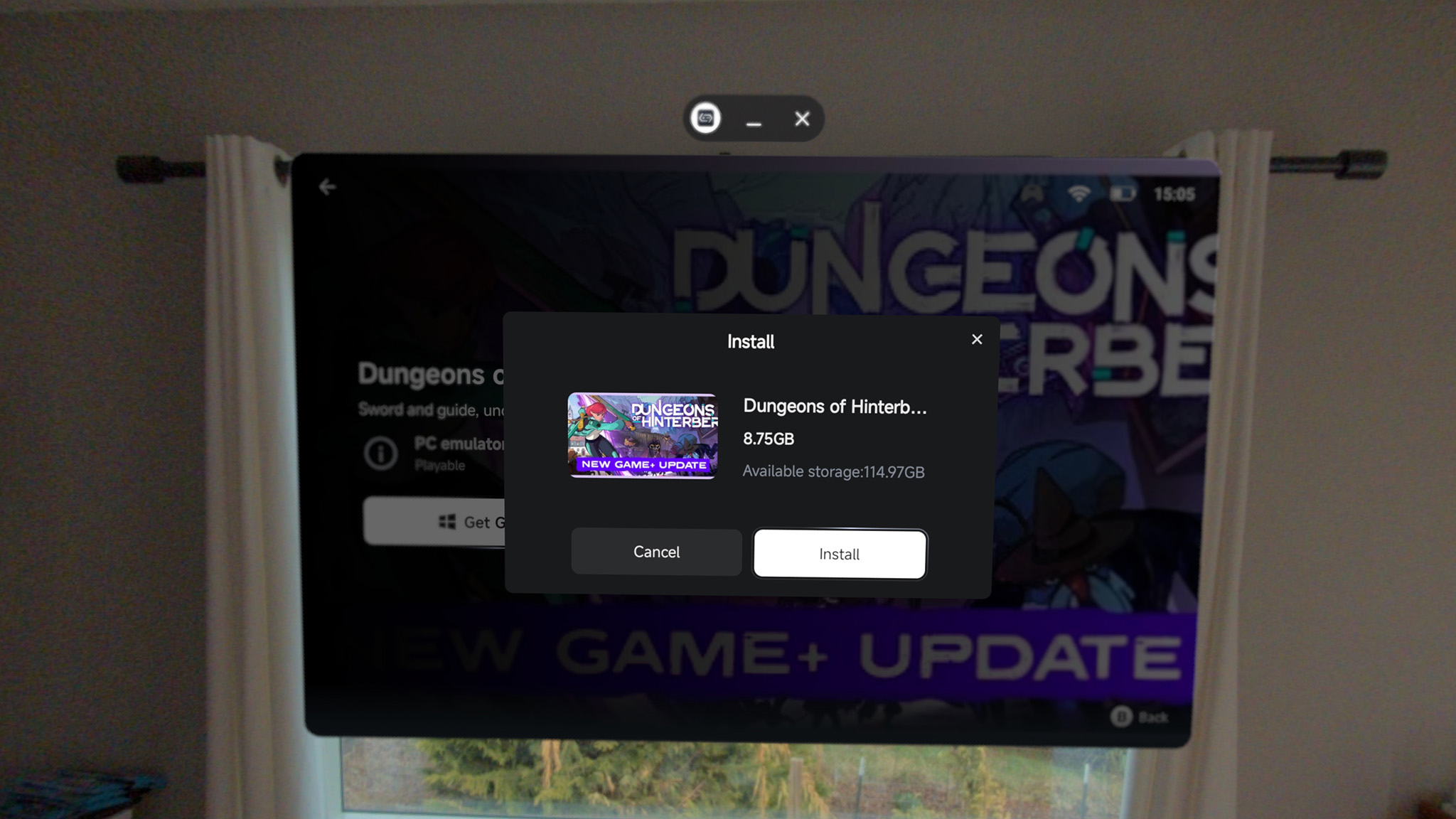 Playing Steam games with the GameHub app, running in Android XR on a Samsung Galaxy XR headset