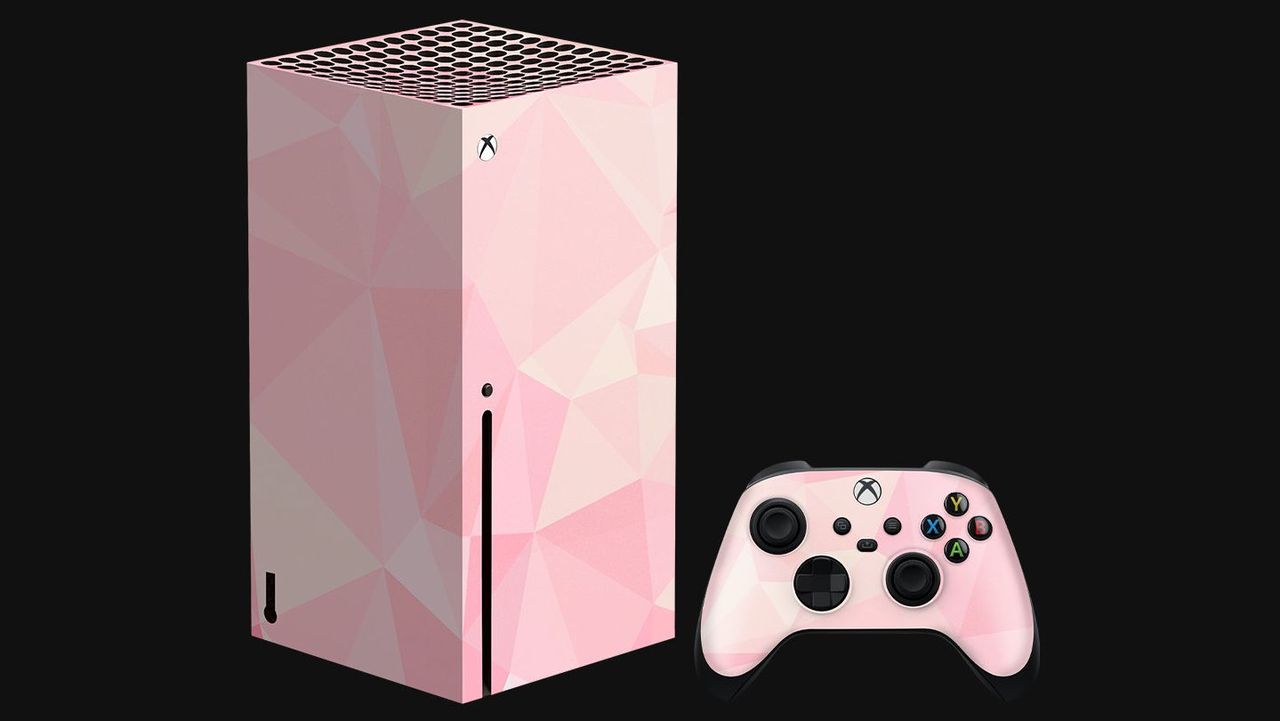 An Xbox Series X with a Geometric Quartz Pink skin from Razer.
