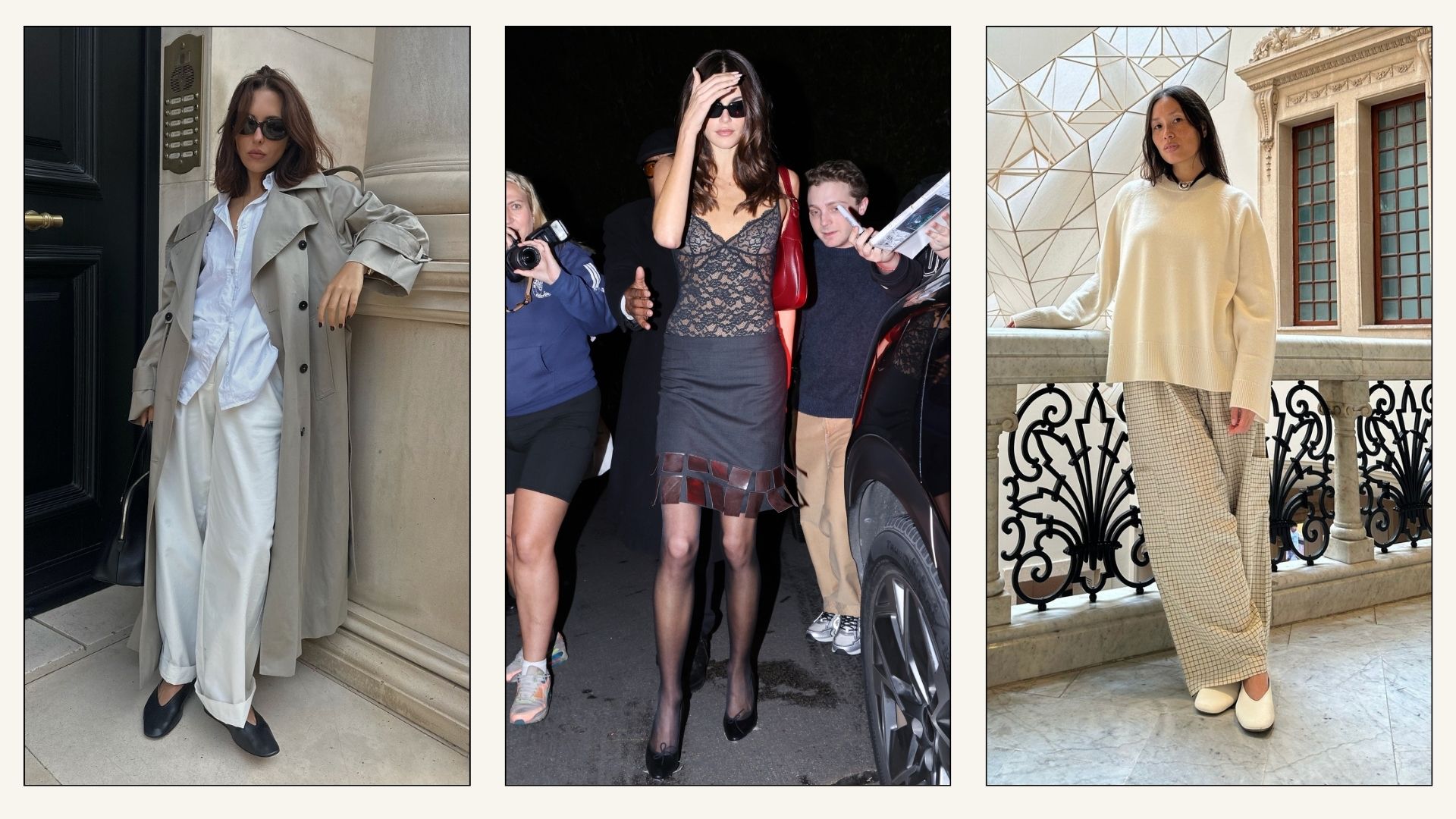 Collage of influencers and Kaia Gerber wearing soft leather ballet flats.