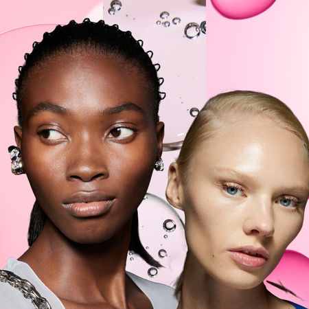 pink bubble skincare background with models with glowing skin on the front