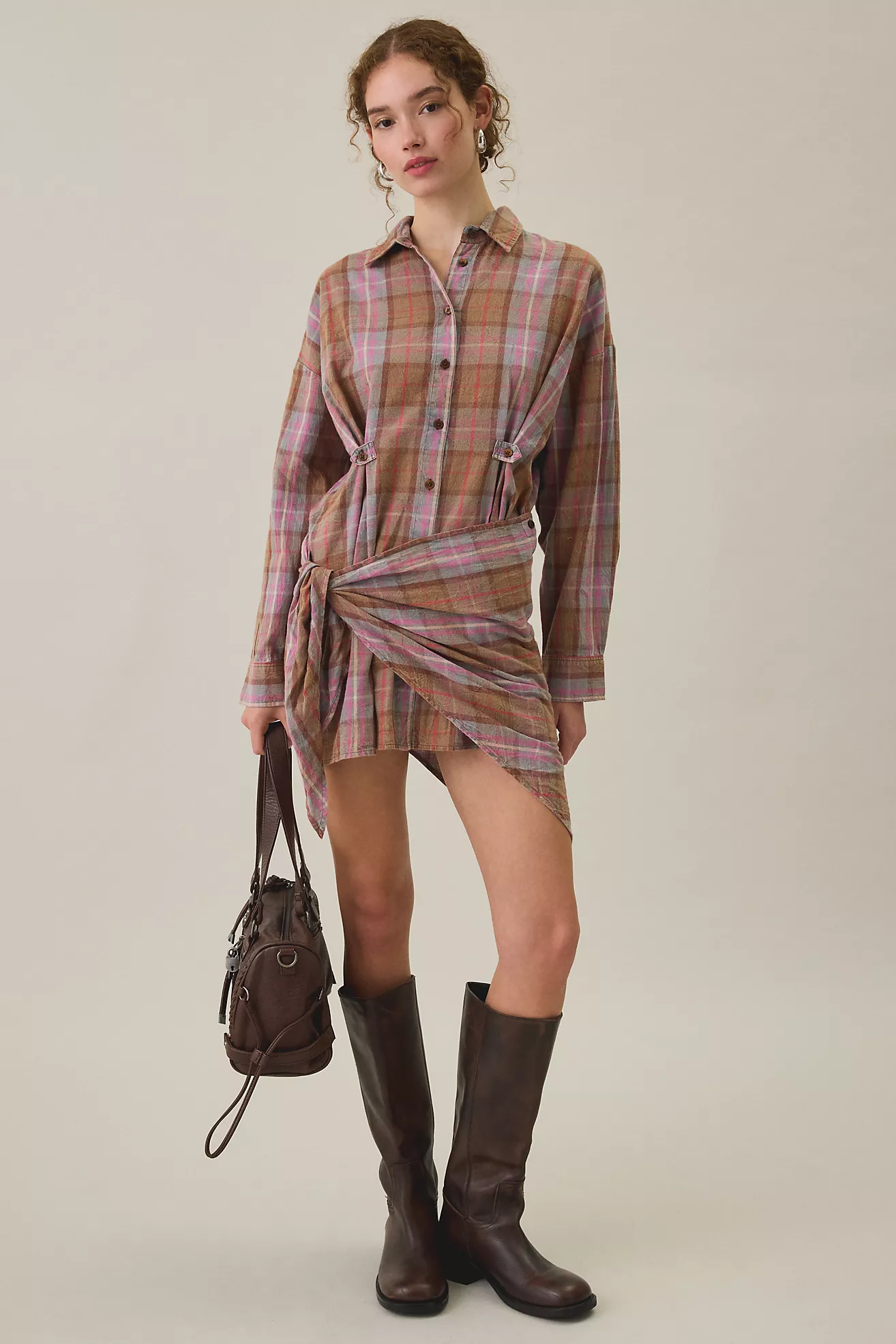 Bdg Cordelia Multiway Scarf Tie Plaid Shirt Mini Dress