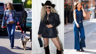 Bella Hadid in a jean jacket and jeans, Beyonce in a denim blazer and denim skirt, Katie Holmes in a denim vest and denim trousers