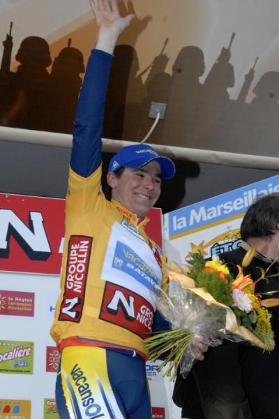 Borut Bozic (Vacansoleil Pro Cycling Team) in the leader's jersey.
