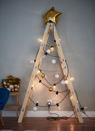 DIY ladder Christmas free with wrapped around festoon lighting