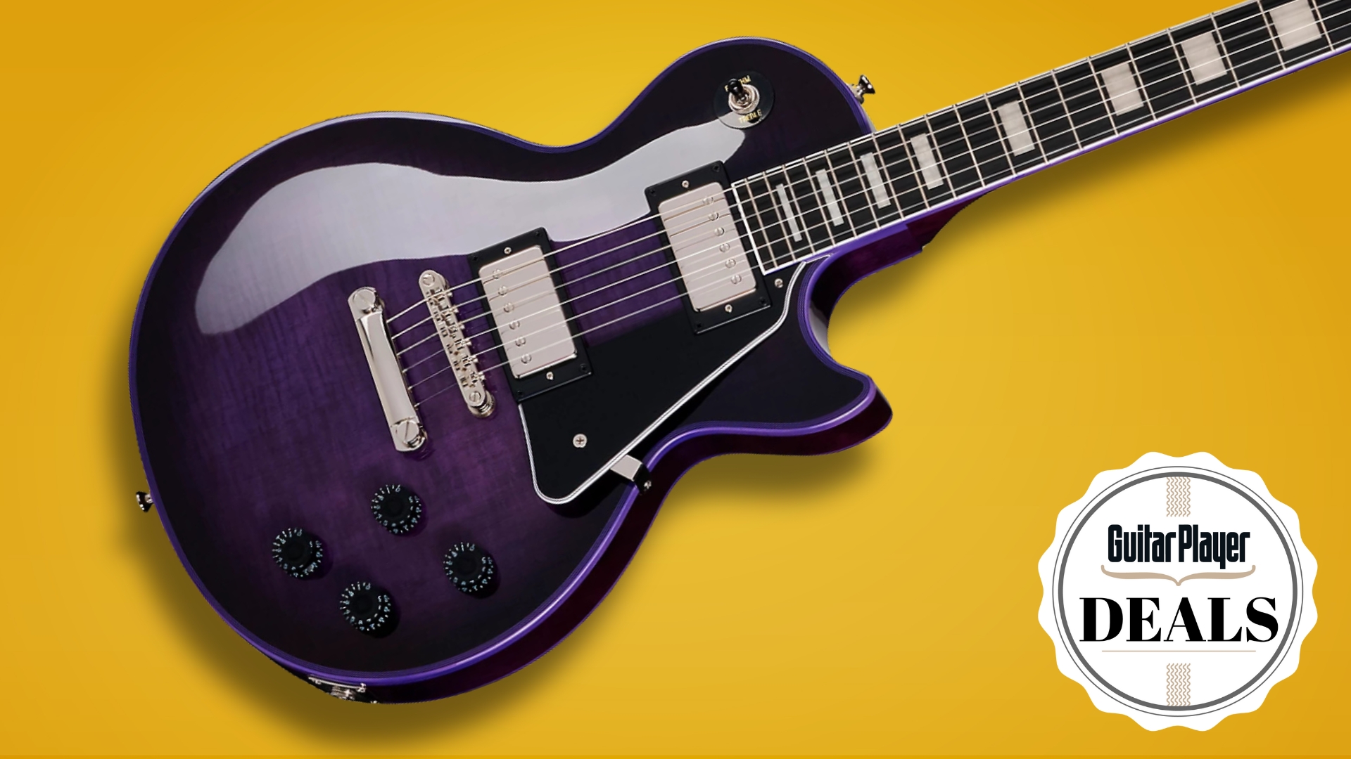 An Epiphone Les Paul Custom Widow in purple on a mustard background