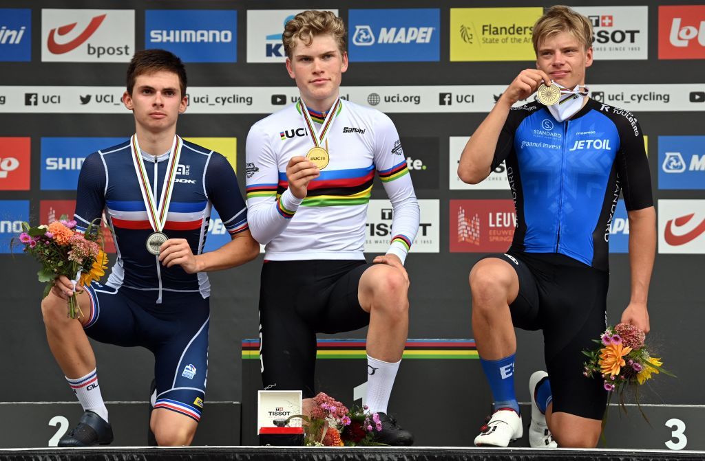 The junior men's road race podium (l-r) Romain Gregoire (France), Per Strand Hagenes (Norway) and Madis Mihkels (Estonia)