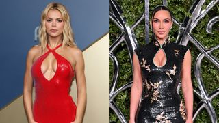 Brooks Nader at the Emmys in Baywatch red and Kim Kardashian at a fashion week event in a black dress. 