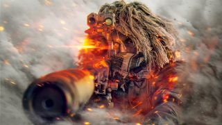 A recon sniper aims down sights in Battlefield 6 art surrounded by smoke, orange highlights flashing on their gear and mixing with embers in the smog