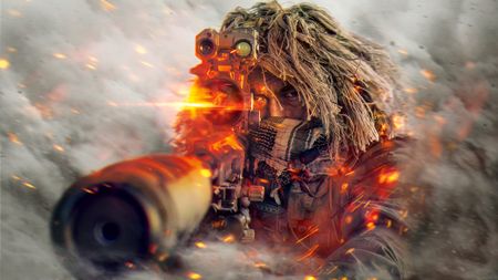 A recon sniper aims down sights in Battlefield 6 art surrounded by smoke, orange highlights flashing on their gear and mixing with embers in the smog