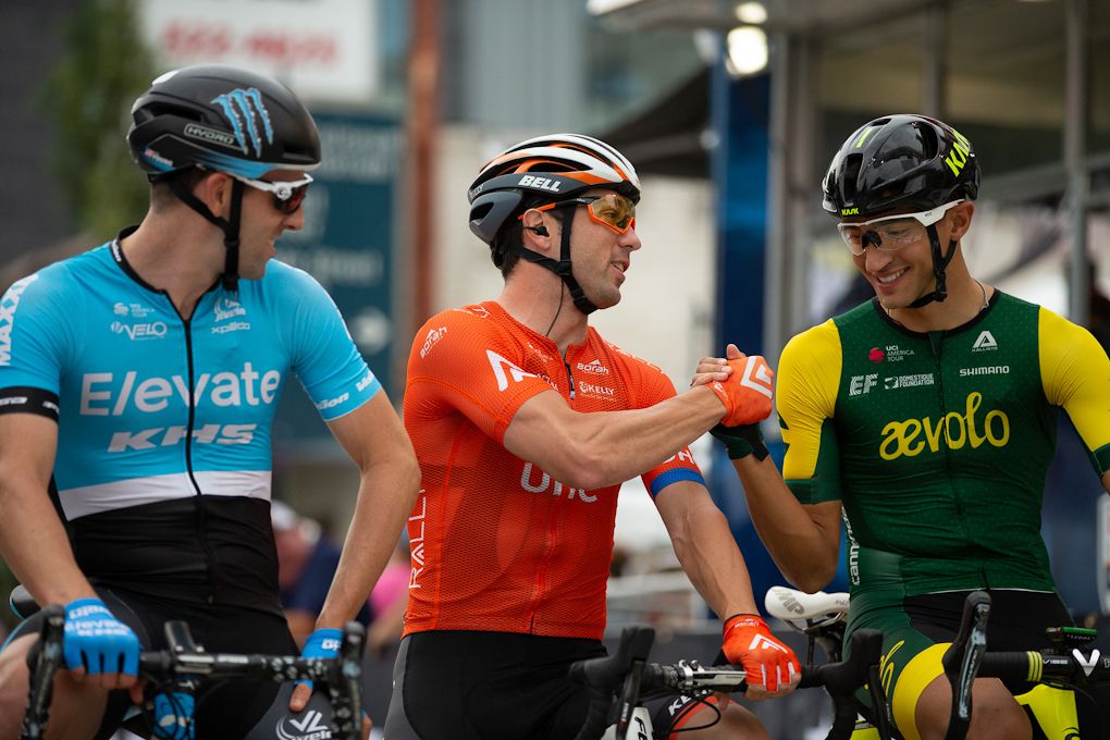 Eric Young, Ty Magner and Michael Hernandez get ready for the start of the USPro criterium