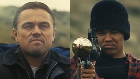 "Ghetto" Pat Calhoun (Leonardo DiCaprio) looks on in One Battle After Another, while Perfidia Beverly Hills (Teyana Taylor) aims a weapon in One Battle After Another.