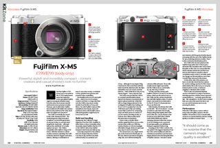 Image showing the first two pages of the Fujifilm X-M5 camera review, in issue 290 (February 2025) of Digital Camera magazine