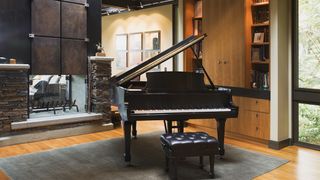 Black piano sat in the middle of a stylish living room