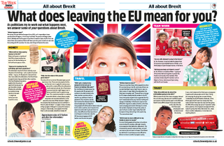 Magazine spread featuring images and text about Brexit