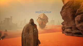 Dune Awakening text superimposed on a character in Dune. Looking at a sandworm with Elden Ring text above it.