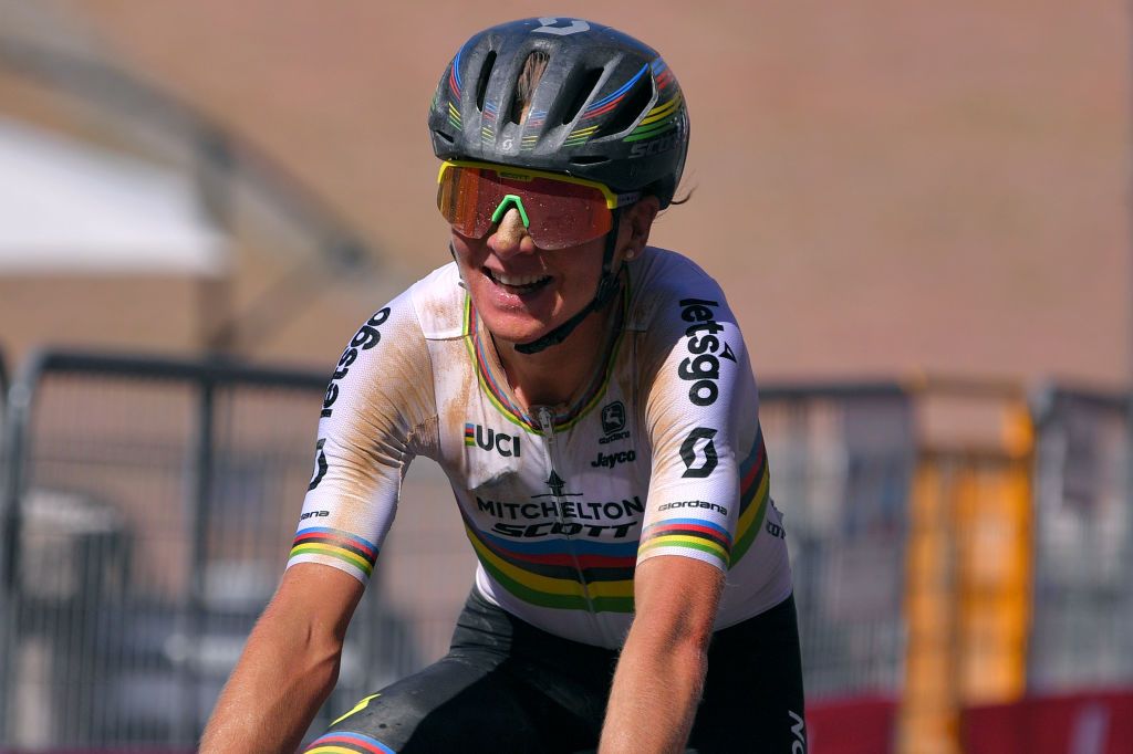 SIENA ITALY AUGUST 01 Arrival Annemiek Van Vleuten of The Netherlands and Team Mitchelton Scott World Champion Jersey Celebration during the Eroica 6th Strade Bianche 2020 Women Elite a 136km race from Siena to Siena Piazza del Campo StradeBianche on August 01 2020 in Siena Italy Photo by Luc ClaessenGetty Images
