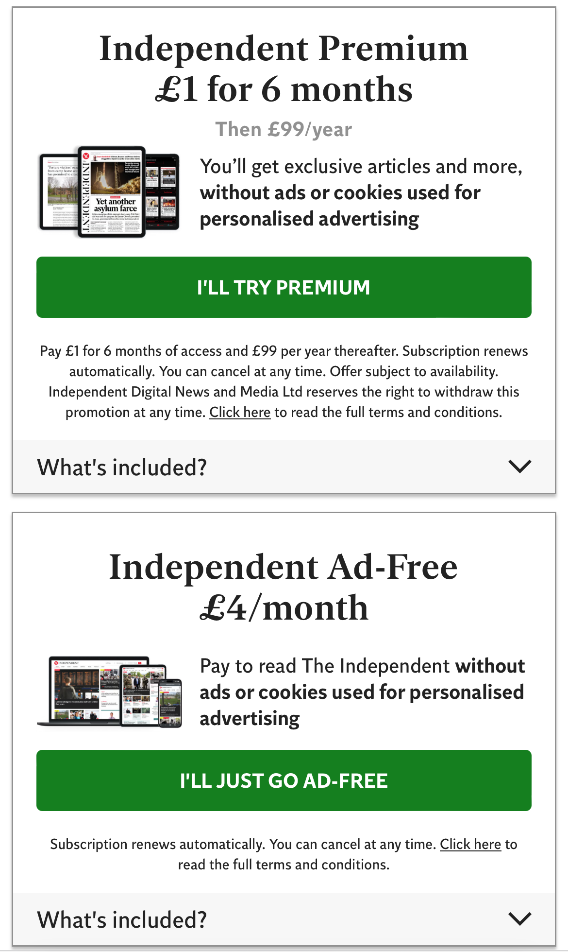 Screenshot of privacy paywall on The Independent website, as of August 16, 2024.